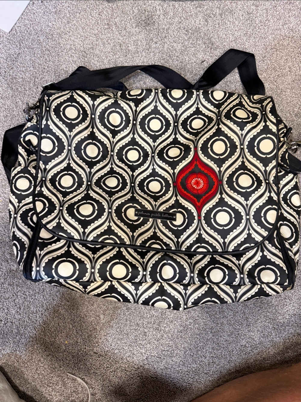 Petunia Pickle Bottom Black, Cream & Red Printed Messenger Diaper Bag